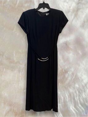 Taurus Black Short Sleeve Midi Dress w/ Metal Decorative Belt